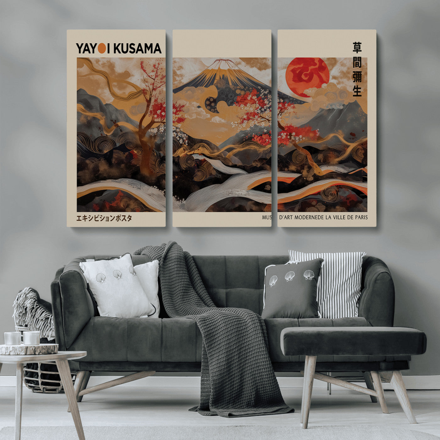 77970791-MGV-CV-36X24-Mount Fuji Golden Abstract Wall Art – Japanese Landscape Canvas Poster, Cherry Blossom & Red Sun Painting, Elegant Zen Oriental