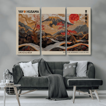 77970791-MGV-CV-36X24-Mount Fuji Golden Abstract Wall Art – Japanese Landscape Canvas Poster, Cherry Blossom & Red Sun Painting, Elegant Zen Oriental