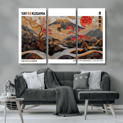 85375874-MGV-CV-48X32-3P-Mount Fuji Abstract Wall Art – Japanese Landscape Canvas Print, Cherry Blossom & Red Sun Painting, Elegant Modern Zen Asian Home