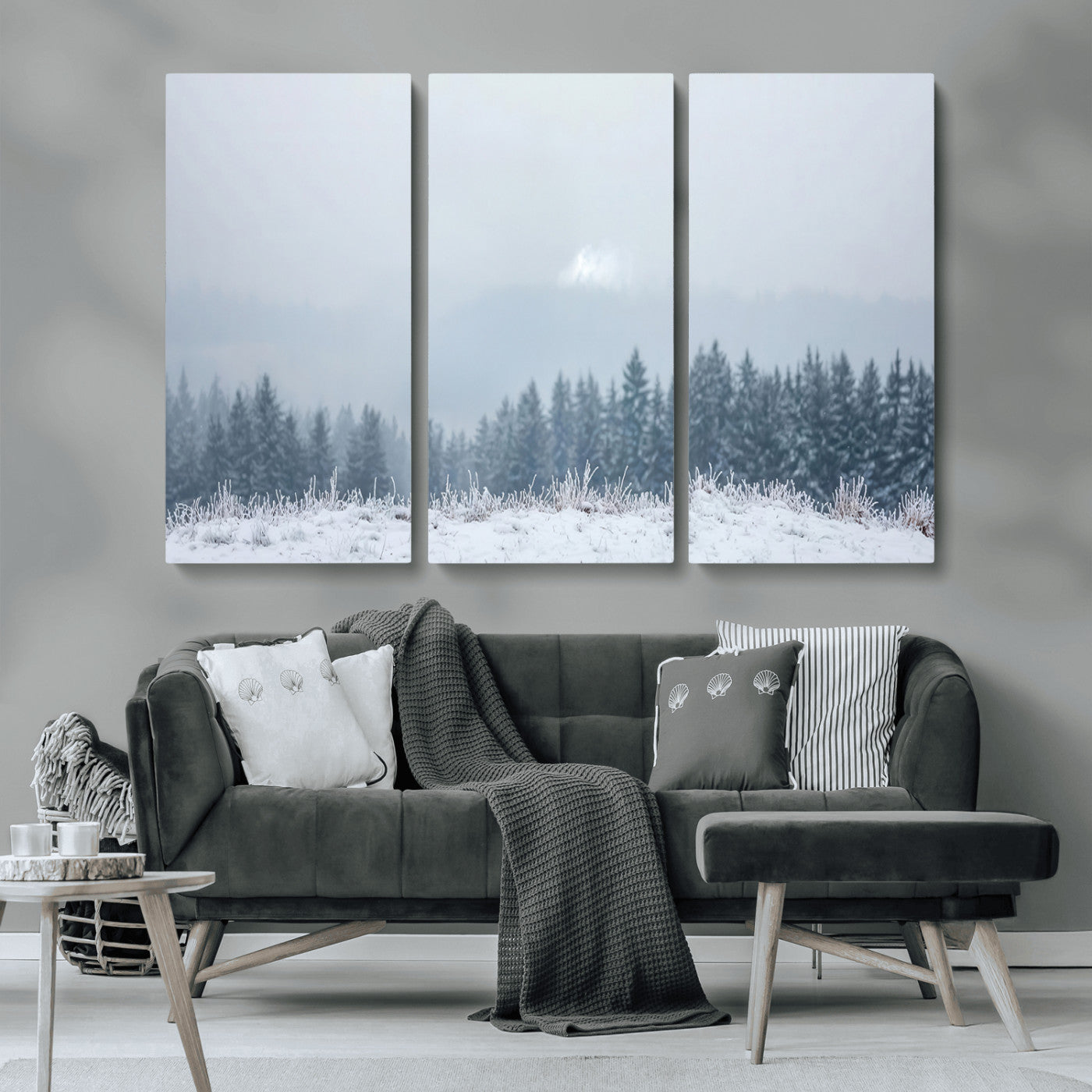 33033082-MGV-CV-36X24-Winter Forest Art Wall Art Canvas Print, Framed Snowy Landscape Art Picture Print, Misty Tree Scene Perfect Nordic Minimalist