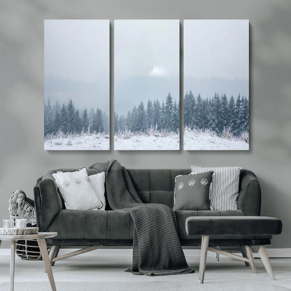 33033082-MGV-CV-36X24-Winter Forest Art Wall Art Canvas Print, Framed Snowy Landscape Art Picture Print, Misty Tree Scene Perfect Nordic Minimalist