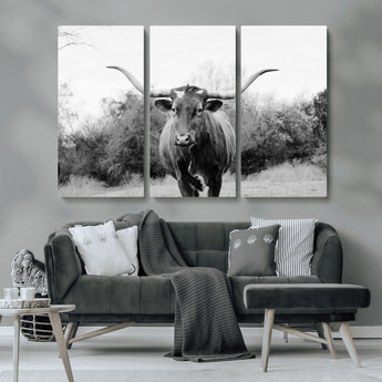 97280319-MGV-CV-36X24-Longhorn Photography Wall Art Canvas Print, Framed Western Cow Decor Art Picture Print, Texas Ranch Style Perfect Rustic Farmhouse