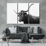 99244177-MGV-CV-36X24-Longhorn Photography Wall Art Canvas Print, Framed Western Cow Decor Art Picture Print, Black White Bull Perfect Modern Rustic
