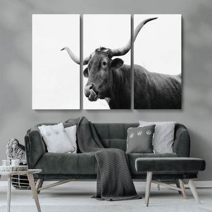 99244177-MGV-CV-36X24-Longhorn Photography Wall Art Canvas Print, Framed Western Cow Decor Art Picture Print, Black White Bull Perfect Modern Rustic