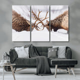36507609-MGV-CV-36X24-Elk Clash Scene Wall Art Canvas Print, Framed Wildlife Strength Decor Art Picture Print, Snowy Forest Elk Perfect Rustic Lodge