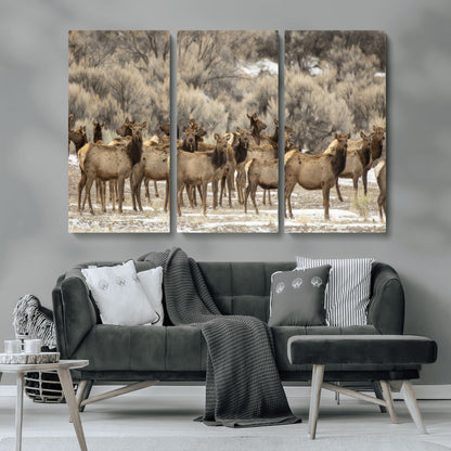 90269422-MGV-CV-36X24-Elk Herd Scene Wall Art Canvas Print, Framed Rustic Wildlife Decor Art Picture Print, Western Cabin Style Perfect Rustic Lodge