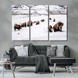 13891210-MGV-CV-36X24-Bison Herd Scene Wall Art Canvas Print, Framed Western Wildlife Decor Art Picture Print, Snowy Mountain Valley Perfect Rustic