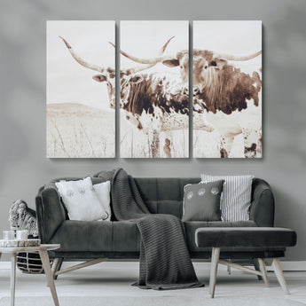 48161868-MGV-CV-36X24-Longhorn Cow Decor Wall Art Canvas Print, Framed Rustic Cattle Art Picture Print, Sepia Western Vibe Perfect Neutral Rustic