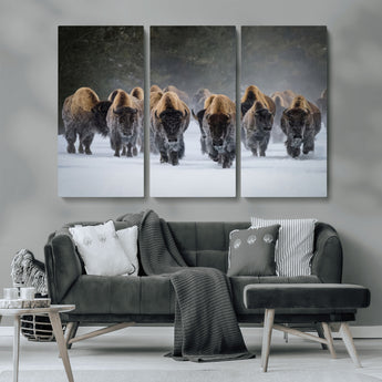 41669135-MGV-CV-36X24-Bison Herd Scene Wall Art Canvas Print, Framed Rustic Wildlife Decor Art Picture Print, Snowy Bison Landscape Perfect Rustic