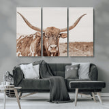 77810049-MGV-CV-36X24-Longhorn Bull Photo Wall Art Canvas Print, Framed Rustic Cow Decor Art Picture Print, Neutral Farmhouse Style Perfect Rustic