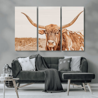 74406977-MGV-CV-36X24-Longhorn Bull Decor Wall Art Canvas Print, Framed Western Cow Theme Art Picture Print, Rustic Farmhouse Wall Perfect Neutral