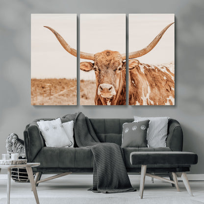 74406977-MGV-CV-36X24-Longhorn Bull Decor Wall Art Canvas Print, Framed Western Cow Theme Art Picture Print, Rustic Farmhouse Wall Perfect Neutral