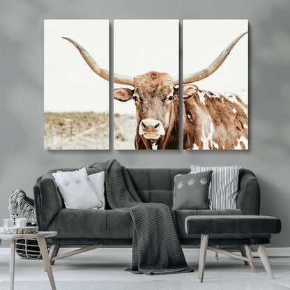 98924580-MGV-CV-36X24-Texas Longhorn Bull Wall Art Canvas Print, Framed Rustic Farmhouse Decor Art Picture Print, Western Animal Theme Perfect Rustic
