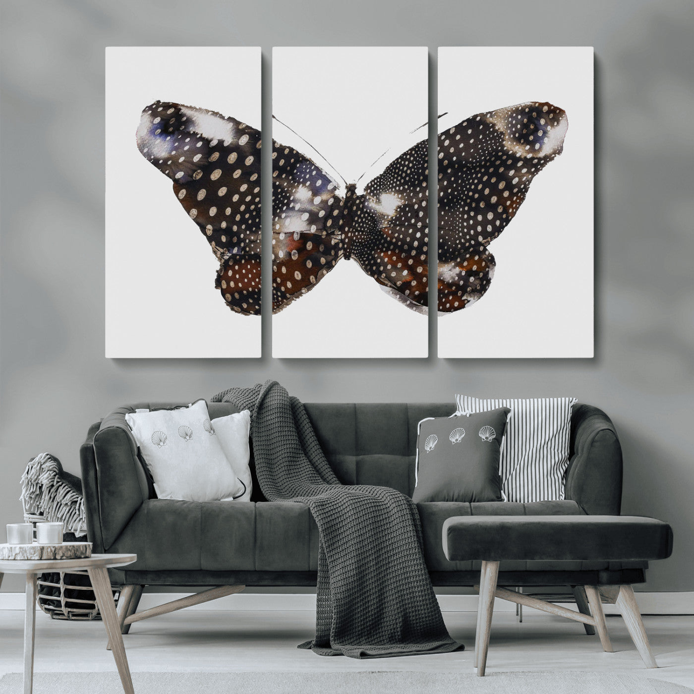 99831147-MGV-CV-36X24-Spotted Butterfly Wall Art Canvas Print, Framed Neutral Insect Theme Art Picture Print, Earthy Wing Pattern Perfect Modern Rustic