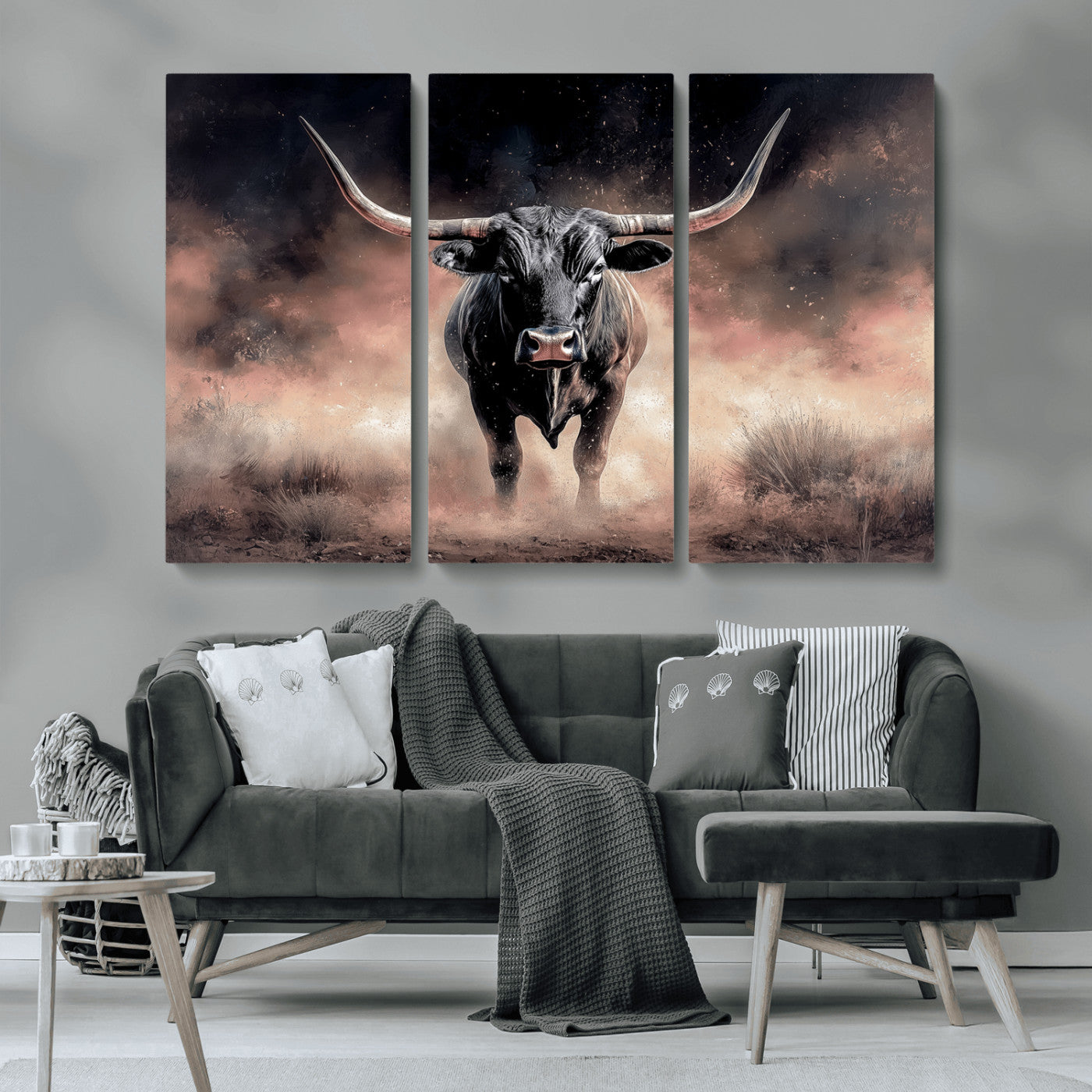 71457818-MGV-CV-36X24-Longhorn Wall Art Wall Art Canvas Print, Framed Western Bull Canvas Art Picture Print, Rustic Cow Decor Perfect Western Dramatic