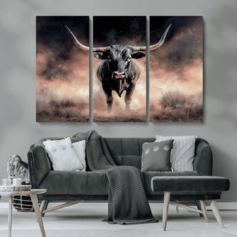 71457818-MGV-CV-36X24-Longhorn Wall Art Wall Art Canvas Print, Framed Western Bull Canvas Art Picture Print, Rustic Cow Decor Perfect Western Dramatic