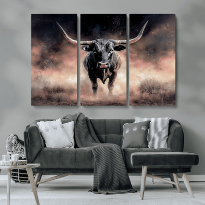 71457818-MGV-CV-36X24-Longhorn Wall Art Wall Art Canvas Print, Framed Western Bull Canvas Art Picture Print, Rustic Cow Decor Perfect Western Dramatic