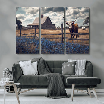 51092814-MGV-CV-36X24-Texas Longhorn Wall Art Wall Art Canvas Print, Framed Rustic Barn Canvas Art Picture Print, Farmhouse Cow Decor Perfect Rustic