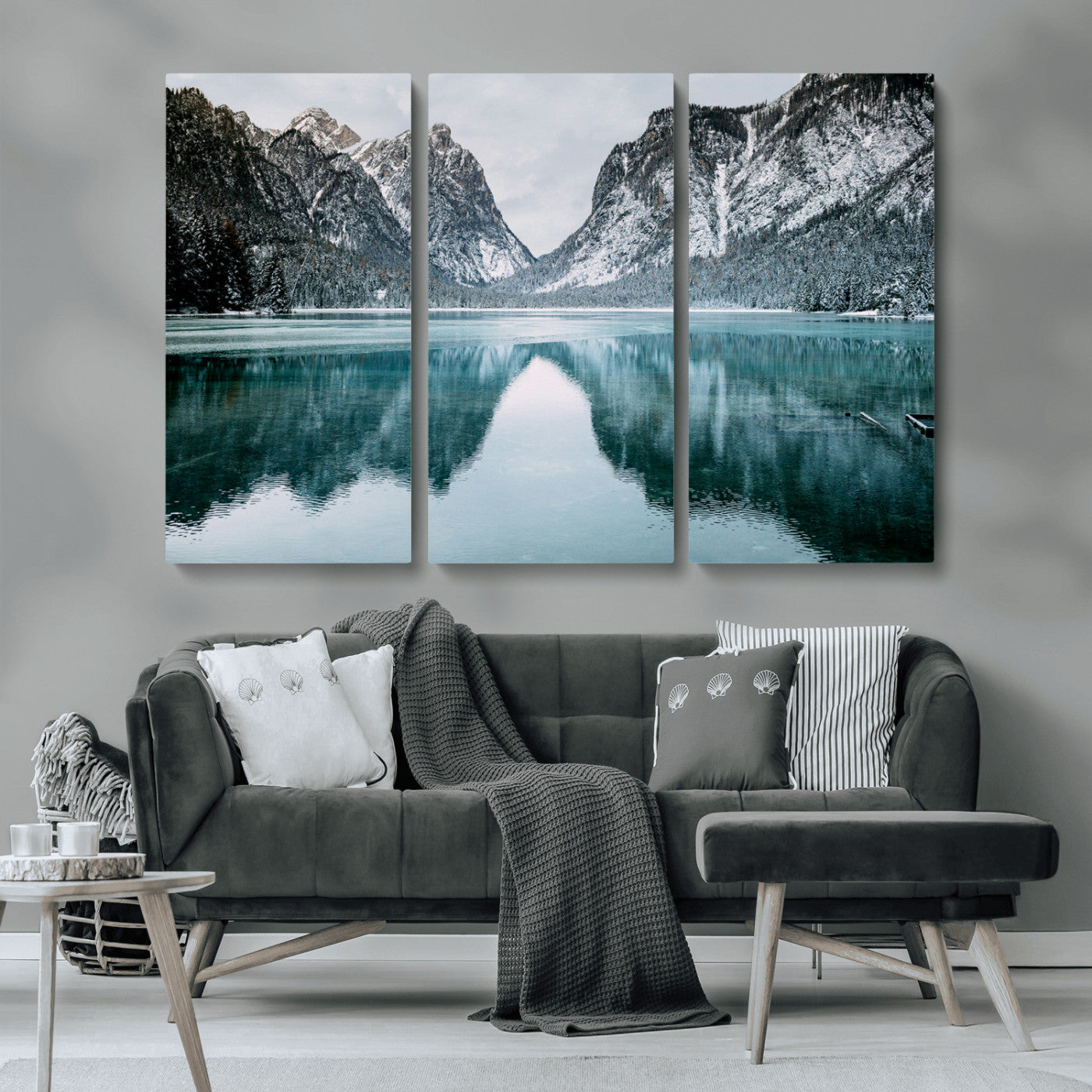 73098373-MGV-CV-36X24-Mountain Lake Wall Art Canvas Print, Framed Winter Wonderland Art Picture Print, Snowy Peaks Perfect Modern Nature Decor Artwork