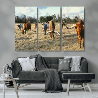 39144651-MGV-CV-36X24-Texas Longhorns Wall Art Canvas Print, Framed Rustic Farm Scene Art Picture Print, Western Cattle Perfect Rustic Farmhouse Decor