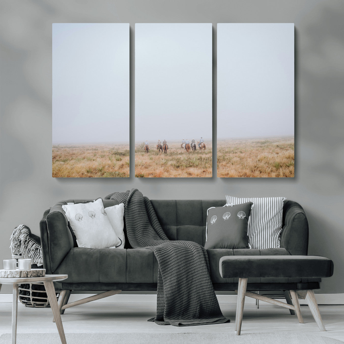 14761944-MGV-CV-36X24-Foggy Plains Wall Art Canvas Print, Framed Horseback Riders Art Picture Print, Rustic Western Perfect Rustic Western Decor Artwork