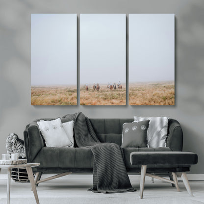 14761944-MGV-CV-36X24-Foggy Plains Wall Art Canvas Print, Framed Horseback Riders Art Picture Print, Rustic Western Perfect Rustic Western Decor Artwork