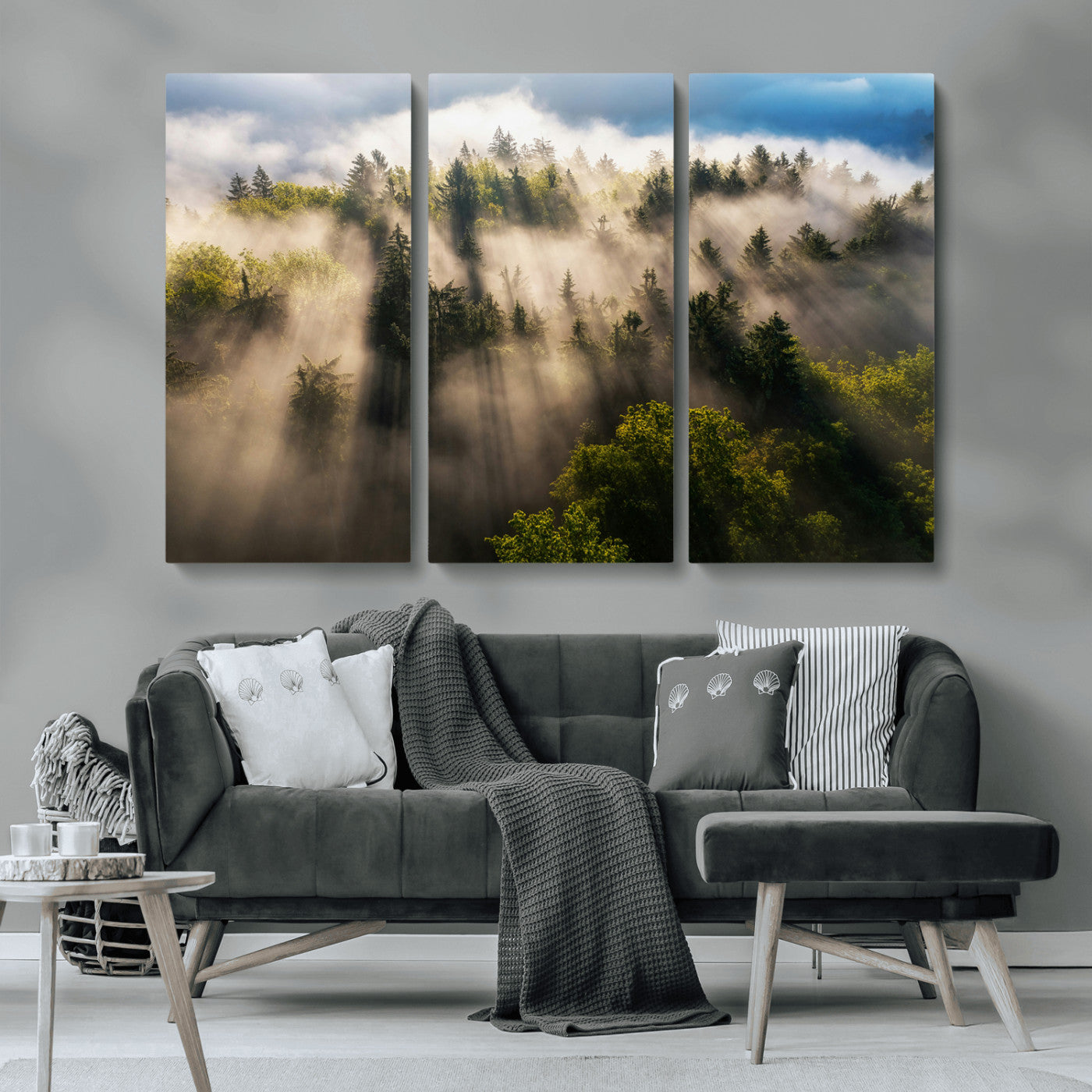 14785710-MGV-CV-48X32-3P-Tranquil Forest Scene Wall Art Canvas Print, Framed Sunbeam Through Trees Art Picture Print, Moody Green Wall Art Perfect