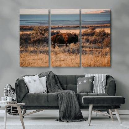 39509187-MGV-CV-36X24-Western Wildlife Wall Art Canvas Print, Framed Bison Art Picture Print, Golden Hour Perfect Western Rustic Decor Artwork
