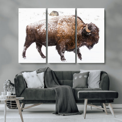 94261165-MGV-CV-36X24-Snowy Buffalo Wall Art Canvas Print, Framed Wildlife Photography Art Picture Print, Brown Tones Perfect Rustic Lodge Decor Decor