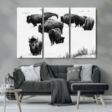 18914414-MGV-CV-36X24-Buffalo Herd Wall Art Canvas Print, Framed Black and White Art Picture Print, Snowy Landscape Perfect Rustic Lodge Decor Decor