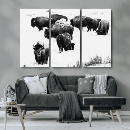18914414-MGV-CV-36X24-Buffalo Herd Wall Art Canvas Print, Framed Black and White Art Picture Print, Snowy Landscape Perfect Rustic Lodge Decor Decor