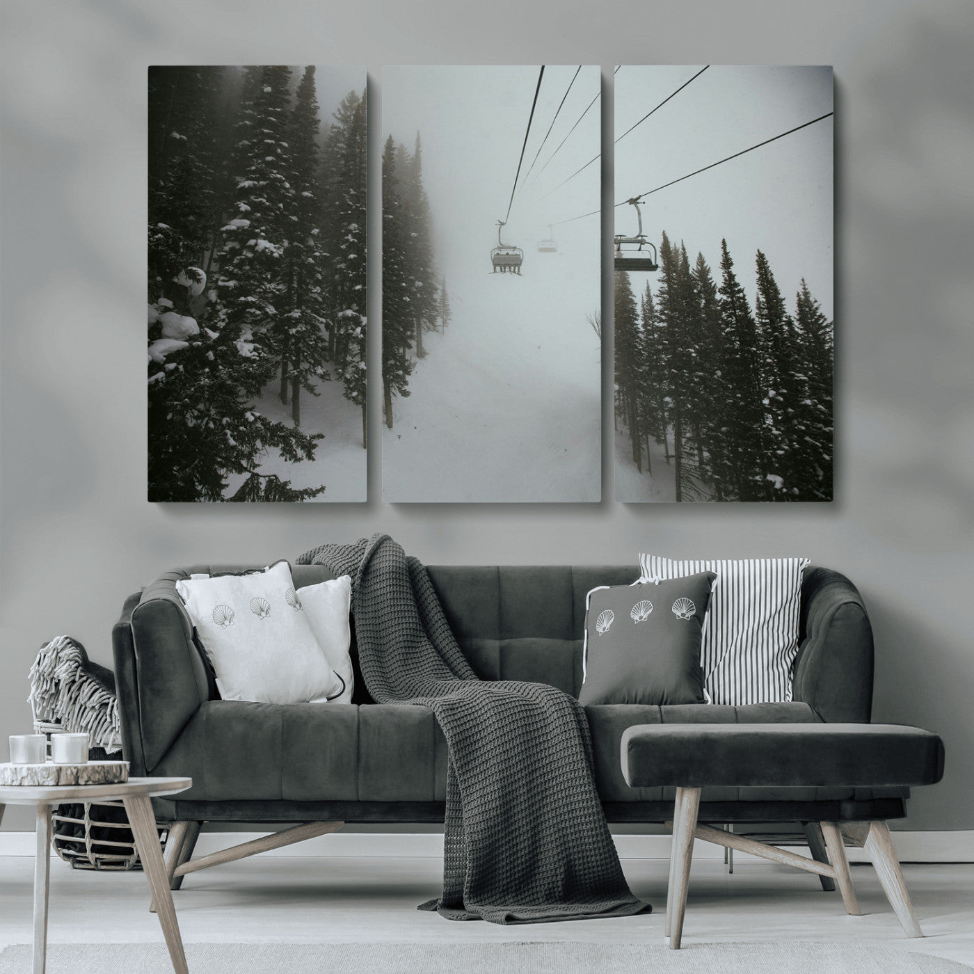 87018452-MGV-CV-36X24-Ski Lift Wall Art Canvas Print, Framed Snowy Pines Art Picture Print, Misty Landscape Perfect Winter Serenity Decor Artwork