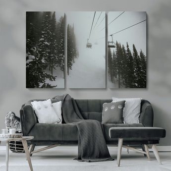 87018452-MGV-CV-36X24-Ski Lift Wall Art Canvas Print, Framed Snowy Pines Art Picture Print, Misty Landscape Perfect Winter Serenity Decor Artwork