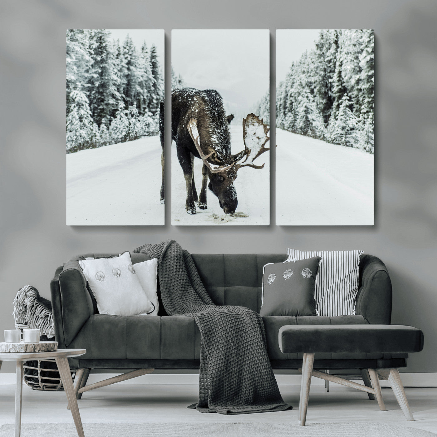 13316292-MGV-CV-36X24-Moose in Snow Wall Art Canvas Print, Framed Winter Wildlife Art Picture Print, Snowy Forest Scene Perfect Rustic Lodge Decor