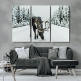 13316292-MGV-CV-36X24-Moose in Snow Wall Art Canvas Print, Framed Winter Wildlife Art Picture Print, Snowy Forest Scene Perfect Rustic Lodge Decor