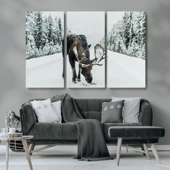 13316292-MGV-CV-36X24-Moose in Snow Wall Art Canvas Print, Framed Winter Wildlife Art Picture Print, Snowy Forest Scene Perfect Rustic Lodge Decor