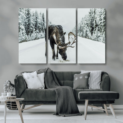 13316292-MGV-CV-36X24-Moose in Snow Wall Art Canvas Print, Framed Winter Wildlife Art Picture Print, Snowy Forest Scene Perfect Rustic Lodge Decor