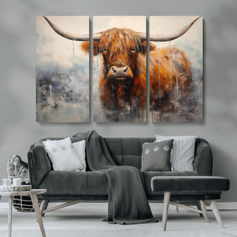 X61001-MGV-CV-36X24-Scottish Highland Wall Art Canvas Print, Framed Longhorn Art Picture Print, Western Cow Perfect Farmhouse Decor Artwork