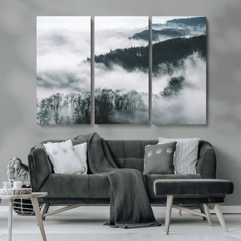 67569654-MGV-CV-36X24-Foggy Forest Wall Art – Mist Covered Hills and Trees Landscape Canvas Print, Moody Nature Photography Decor for Living Room,