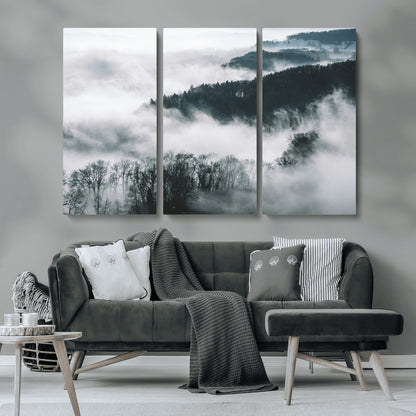 67569654-MGV-CV-36X24-Foggy Forest Wall Art – Mist Covered Hills and Trees Landscape Canvas Print, Moody Nature Photography Decor for Living Room,