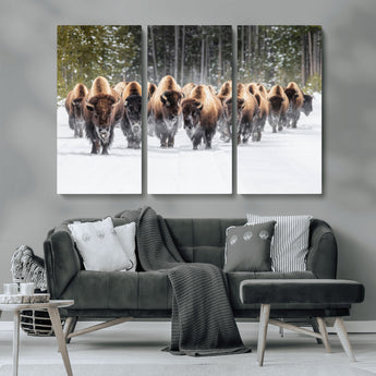 96906195-MGV-CV-36X24-Bison Herd Wall Art – American Buffalo Wildlife Photography Canvas Print, Winter Snow Scene Western Nature Decor for Living Room,