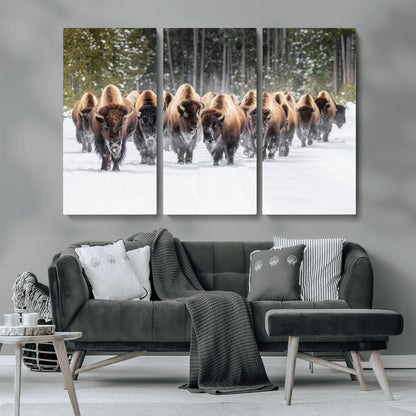 96906195-MGV-CV-36X24-Bison Herd Wall Art – American Buffalo Wildlife Photography Canvas Print, Winter Snow Scene Western Nature Decor for Living Room,