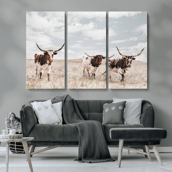 65621083-MGV-CV-36X24-Texas Longhorn Wall Art – Rustic Western Cattle Canvas Print, Southwestern Ranch Photography Decor for Living Room, Office,