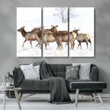 41416314-MGV-CV-36X24-Elk Wall Art – Wildlife Herd Canvas Print in Snowy Landscape, Rustic Nature Painting, Western Cabin Lodge Decor for Living Room,