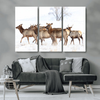 41416314-MGV-CV-36X24-Elk Wall Art – Wildlife Herd Canvas Print in Snowy Landscape, Rustic Nature Painting, Western Cabin Lodge Decor for Living Room,