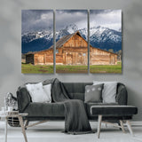 15173627-MGV-CV-36X24-Barn Wall Art – Rustic Wooden Cabin Canvas Print with Snowy Mountain Landscape, Western Farmhouse Country Decor for Living Room,