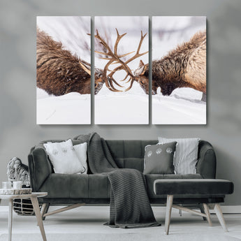 99240306-MGV-CV-36X24-Elk Wall Art – Two Bull Elk Fighting in Snow Canvas Print, Rustic Wildlife Artwork for Cabin, Lodge, Western Farmhouse, Nature &