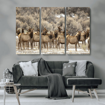 93076148-MGV-CV-48X32-3P-Elk Herd Wall Art – Wildlife Canvas Print of Elk in Winter Landscape, Rustic Western Cabin & Lodge Décor, Nature Photography for
