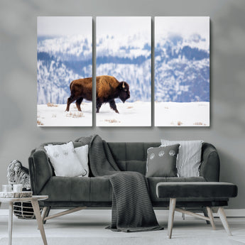 21623194-MGV-CV-36X24-Snow Bison Wall Art – Majestic Buffalo Wildlife Canvas Print, Winter Nature Décor for Rustic Living Room, Farmhouse, Cabin, Lodge
