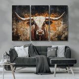 25265572-MGV-CV-36X24-Longhorn Bull Wall Art – Rustic Western Texas Steer Canvas Print, Textured Animal Painting for Home, Office, Man Cave or Farmhouse